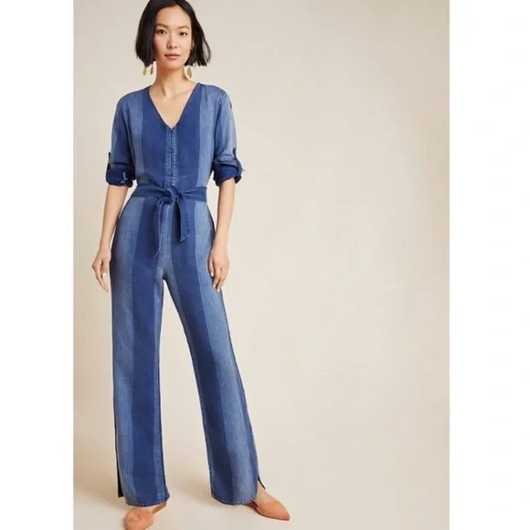 Anthropologie Cloth & Stone Laney Chambray Jumpsuit Striped Pants Jumpsuit XL - Picture 6 of 14